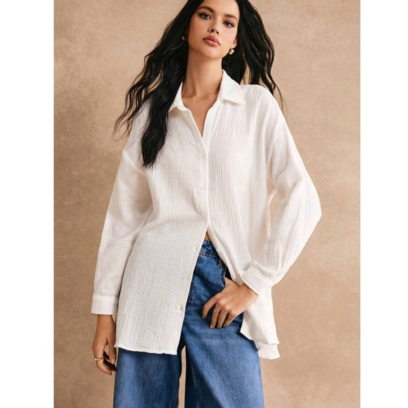 Cotton White Casual Shirt Button Down Up Long Sleeve - Picture 7 of 13